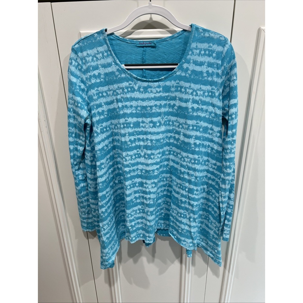 Fresh Produce Cotton Asymmetric Tunic Top Size M/L Blue Tie Dye Stripe Coastal